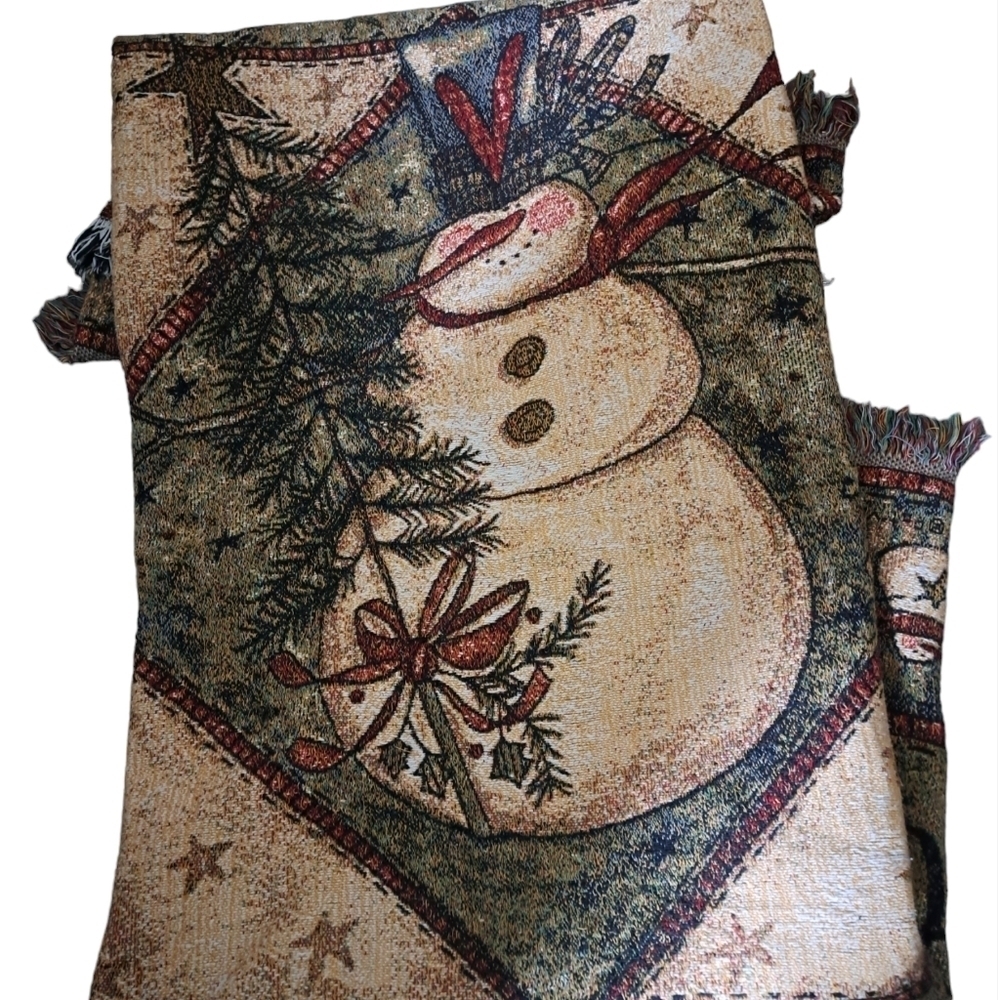VTG tapestry throw SNOWMAN HAT CELEBRATE holiday made in USA 100% COTTON 62X40"